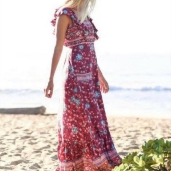 SPELL | Folk Town Frill Maxi Dress in Wine - Picture 3 of 11